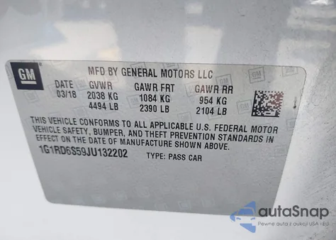 2018 Chevrolet Volt Premier from USA, damaged, VIN 1G1RD6S59JU132202